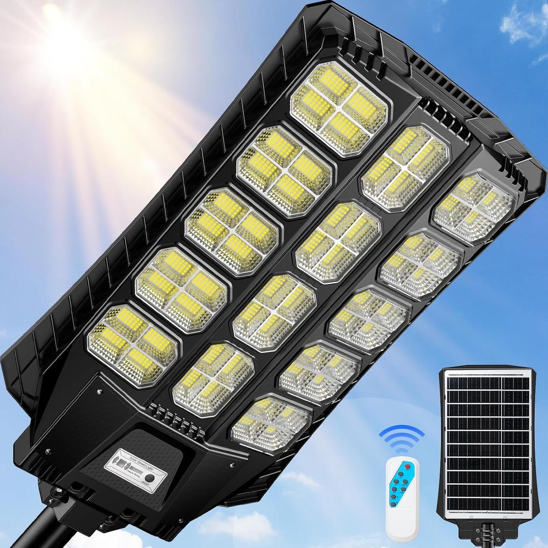 9000W Solar Street Lights Outdoor Waterproof, Heavy Duty Solar Powered Light Outside, Large Solar Parking Lot Light Dusk to Dawn, Motion Sensing, Pole or Wall Mounted, Remote Control, Bright