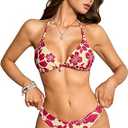 SOLY HUX Women's Boho Floral Print Halter Swimsuit Tie Back High Cut Bikini Set 2 Piece Bathing Suit M