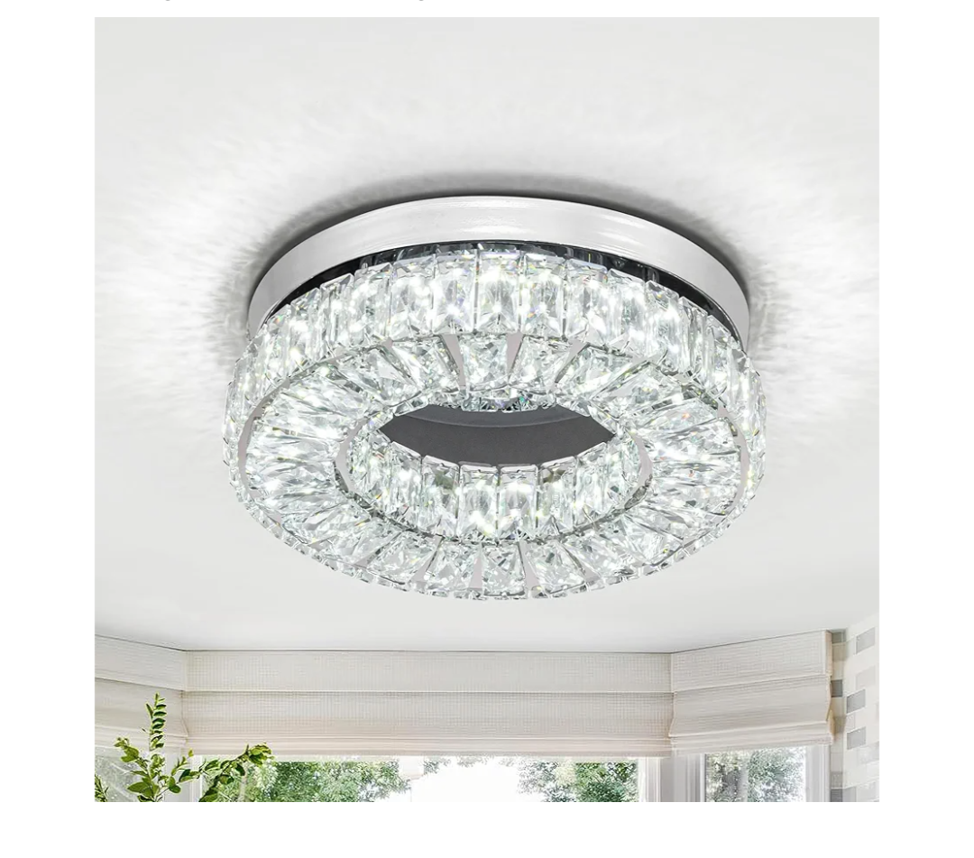 11.8” Crystal Ceiling Light Fixture, Modern Round Chandeliers 6500K Cool White Flush Mount Ceiling Light, LED Small Chandelier for Hallway Bedroom Foyer Kitchen Bathroom