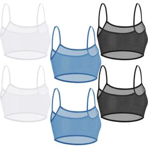 Toulite 6 Pcs Summer Women Mini Tanning Bikini Sheer Tank Tops See Through Stretch Crop Top Sleeveless Mesh for Beach (Large-X-Large, Black, White, Blue)
