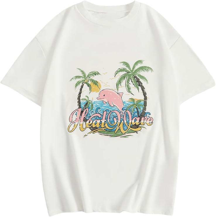 Girl's Drop Shoulder Letter Star Print Tee Tops Loose Short Sleeve Crew Neck T Shirts, 10Y