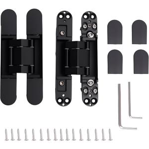 4-Pack 6 inch Hidden Door Hinges Heavy Duty Black, Invisible Concealed Hinges Zinc Alloy 6''x 2.5''x1Inch, Concealed Hinge 180 Degree Swing Hinge, 3 Way Adjustable with Pins and Screws