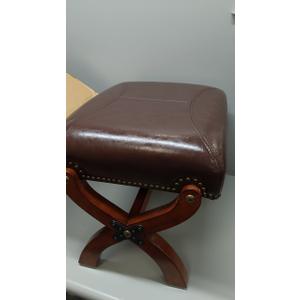 Leather Footrest Wood Ottoman, Rustic Foot Stool, Rectangle Footrest for Living Room Bedroom (Brown)