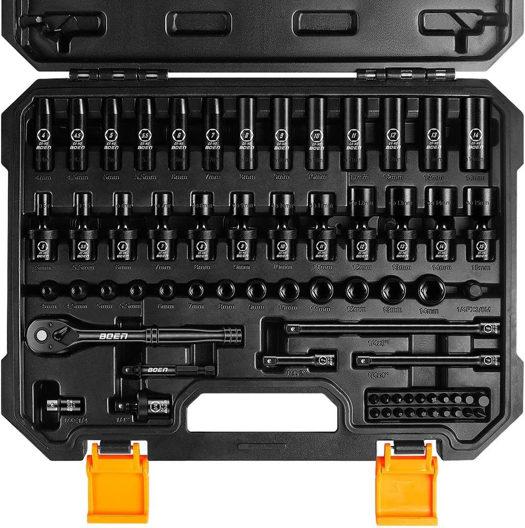 BOEN 1/4" Drive Metric Impact Socket Set, 66-Piece (4-14mm) Deep & Shallow Kit, Includes 5-15mm Swivel Sockets, 72T Ratchet Handle, 2", 4", 6" Extension Bar, Adapters, Universal Joint & Impact Bit