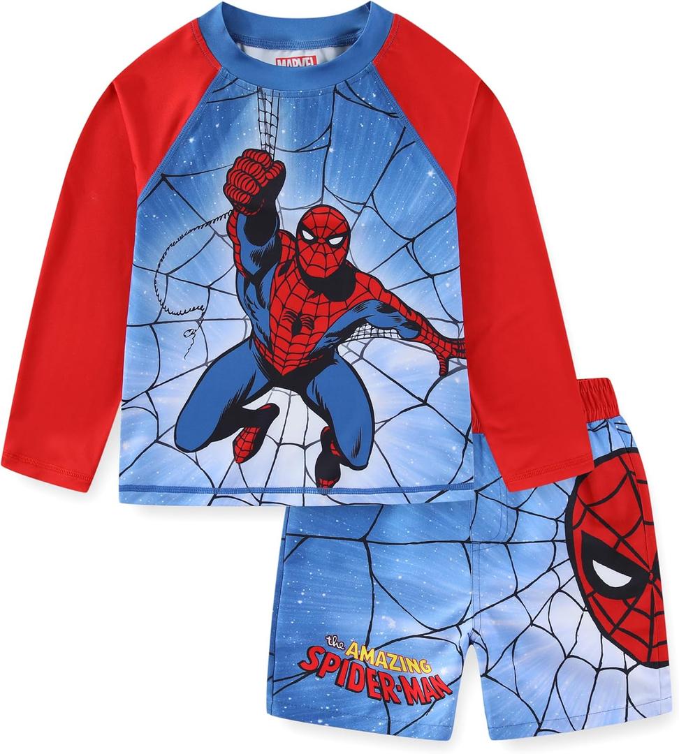 Marvel Spider-Man Boys UPF 50+ Rash Guard and Swim Trunks for Toddler and Big Kids (4, Red/Blue)