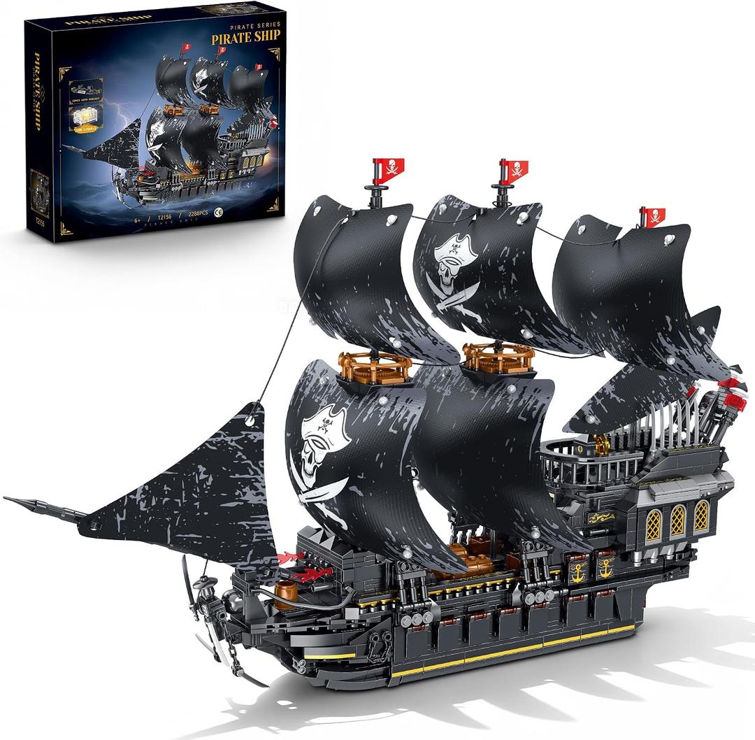 Pirate Ship Building Sets with Lights,MOC Black Pearl Ships Building Blocks for Adults,Pirate Boat Building Toys,Collectible for Home Decor,Valentine Day Birthday Gift for Boys 8-14(2288Pcs), Large
