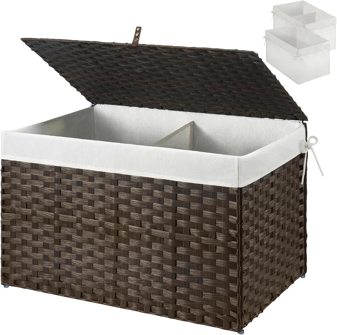 GREENSTELL Storage Basket with Lid, 17.2 Gallon(65L) Small Wicker Blanket Storage Basket with Handles, Foldable, 2 Removable Liner Bags, Metal Frame, for Bedroom, Laundry Room, Brown, 22.2"*13.4"*13.4"