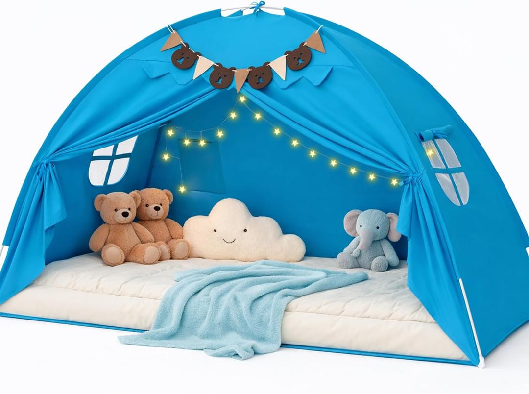 Twin Bed Tent, Bed Canopy Bunk Bed Tent with Stars Lights & Flags, Breathable Sleeping Tent, Privacy Space Dream Playhouse for Indoor Bedroom Floor, Portable Foldable Play Tent with Storage Bag, Blue (Bule)