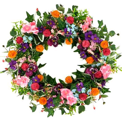 WreathDream Spring Summer Wreaths for Front Door Pansy Wreath with Pink Cherry Blossoms,Small Ball Bhrysanthemum for Indoor Outdoor Farmhouse Home Porch Wall Window Festival Wedding Decor