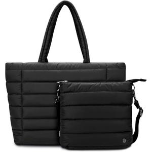 TEKGERLU Puffy Quilted Tote Bag for Women - Lightweight Handbag with Multiple Compartments for Gym, Work, Travel (Black)
