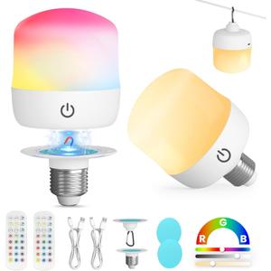 UNILAMP Rechargeable Light Bulbs with Remote, 4000mAh Battery Operated Bulb with 15 Colors & 3 Timer, E26 Dimmable Magnetic Detachable Wireless Cordless LED Bulb for Non-Hardwired Fixture, 2 Pack