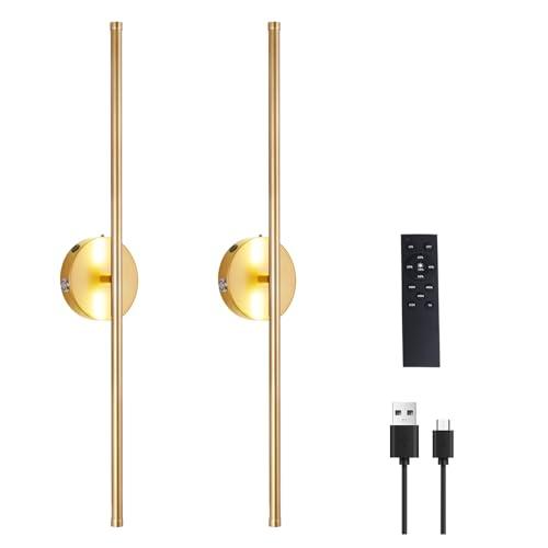 Battery Operated Wall Sconces Set of Two, USB Rechargeable Dimmable LED Wireless Wall Sconces with Remote Control, 360°Rotate,Timing,Gold Wall Light for Living Room/Bedroom/Hallway, 28.3Inch