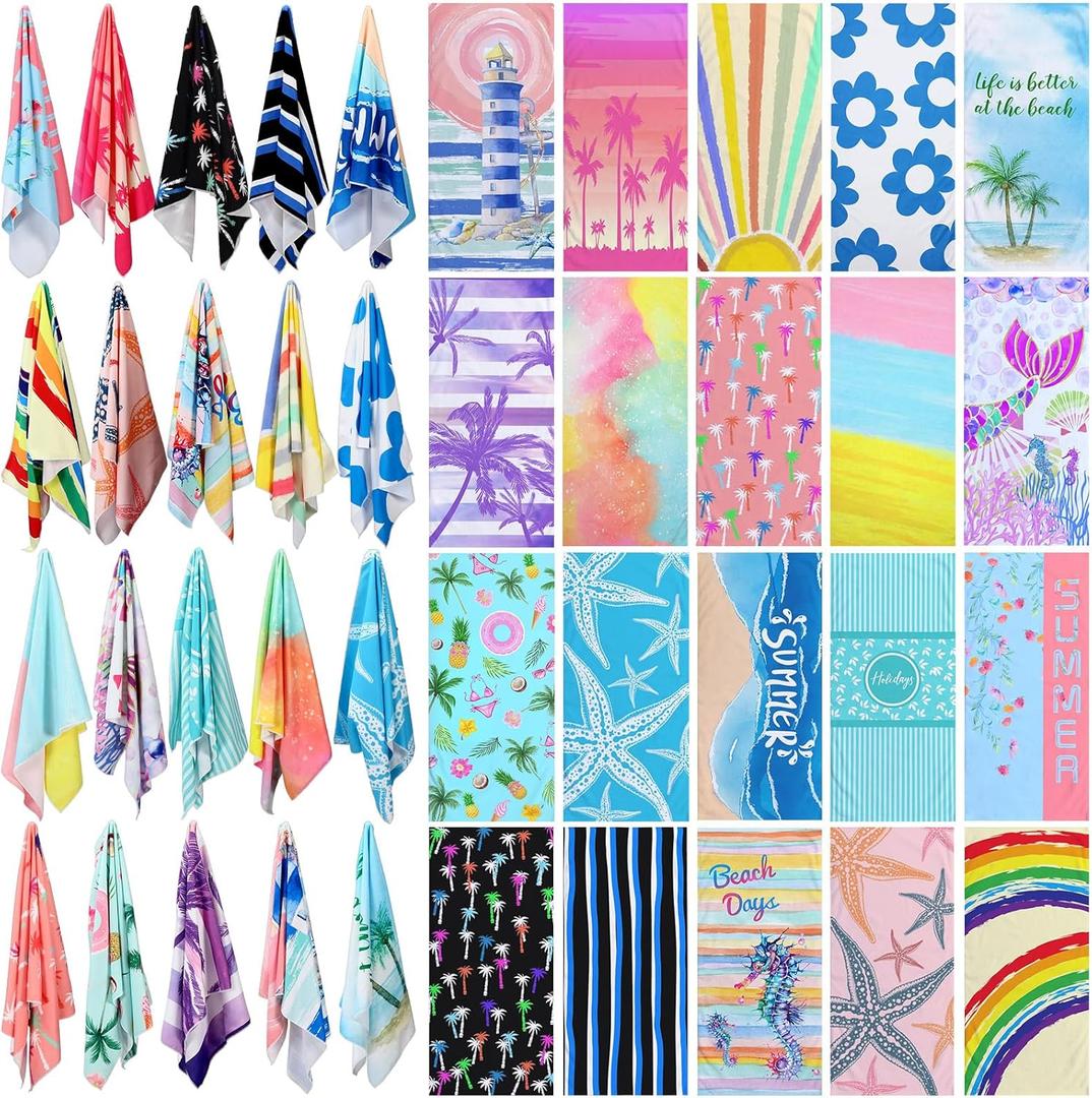 Newwiee 20 Pack Oversized Beach Towels Bulk 59" x 28" Soft Microfiber Sand Free Towels Absorbent Lightweight Quick Dry Assorted Vibrant Patterns for Hawaii Pool Travel Bath Outdoor Camping
