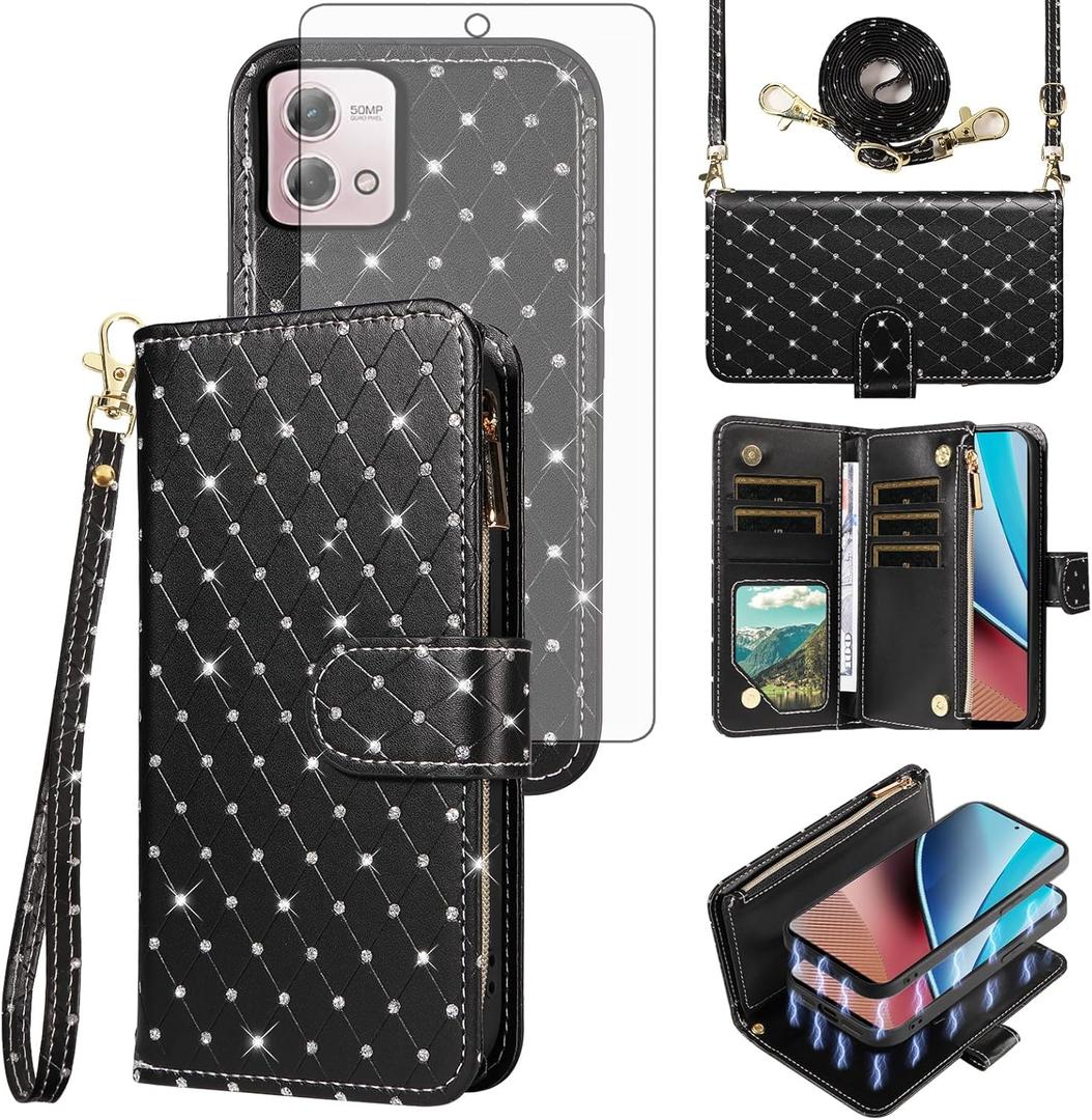 Asuwish Compatible with Motorola Moto G Stylus 4G 2023 Wallet Case Zipper Cell and Screen Protector Crossbody Strap Glitter Flip Card Holder Phone Cover for GStylus XT2317-1 XT2317-2 Women Black