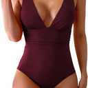 Eomenie Women's One Piece Swimsuit Tummy Control Bathing Suit V Neck Slimming 1 Piece Swimwear (Medium, Wine Red Ribbed)
