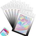 Funfery 100 Pack Gradient Holographic Bags,Mylar Resealable Bags with Zipper,Clear Window Packaging Pouch,Smell Proof Bag for Food Storage,Sample Jewelry Baggies(2.73.9in,White Black)