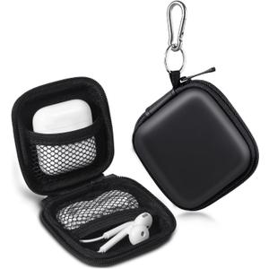 Earbud Case, Cridoz Earphone Case Headphone EVA Earbud Holder with Stainless Steel Carabiner Cell Phone Accessories Organizer Mini Earbud Pouch for Wireless Earbuds, Bluetooth Headset, SD Memory Card (Black)