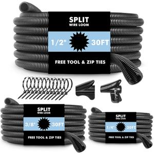 Automotive Wire Loom Flame Retardant Split Wire Loom Tubing Assortment Wiring Loom Kit Plastic Cover Electrical Covering Conduit Protective Wire Wrap Cable Sleeves Black 1/4", 1/2", 3/8" x 30 Ft