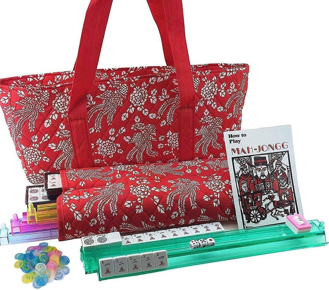 Complete American Mahjong Game Set, 166 Tiles, 4 All in One Pusher Racks, Chips, Wind Indicator (Red Flower Bag)