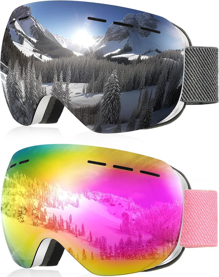 NSSIW Ski Goggles for Men Women Youth, OTG Snowboard Goggles Snow Goggles with Anti Fog and UV Protection Over Glasses 2 Pack (A02 White/Silver (Vlt 10% ) + White/Pink (Vlt 18%))