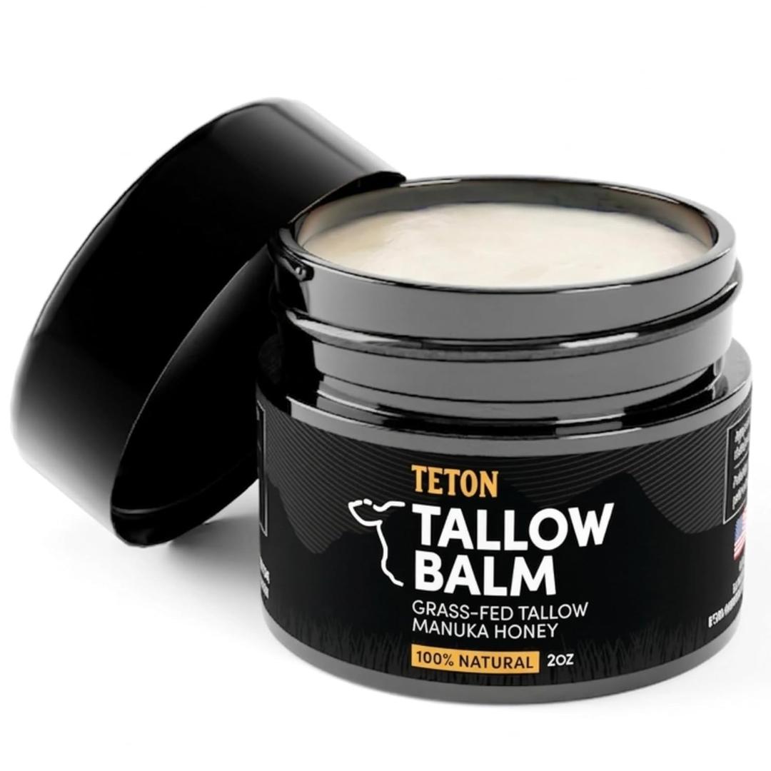 TETON Grass Fed Beef Tallow Balm with Manuka Honey, Olive Oil & Vitamin E  All-Natural Face & Body Moisturizer  Hydrating Skin Cream for Dry, Sensitive Skin  50ml Glass Jar