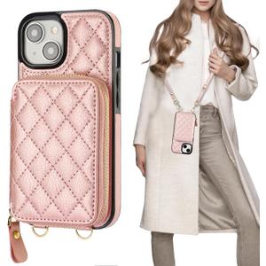 Bocasal Crossbody Wallet Case for iPhone 15, RFID Blocking PU Leather Zipper Handbag Purse Flip Cover, Kickstand Folio Case with Card Slots Holder Wrist Strap Lanyard 5G 6.1 Inch (Rose Gold)