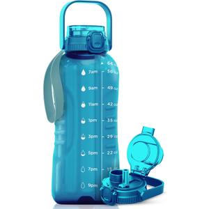 AQUAFIT 64 oz Water Bottle with Time Marker - 2in1 Straw & Chug Lid - BPA Free Big Water Bottle with Straw - Gym Water Bottle with Strap - Water Jug (64 Ounces, Aqua)