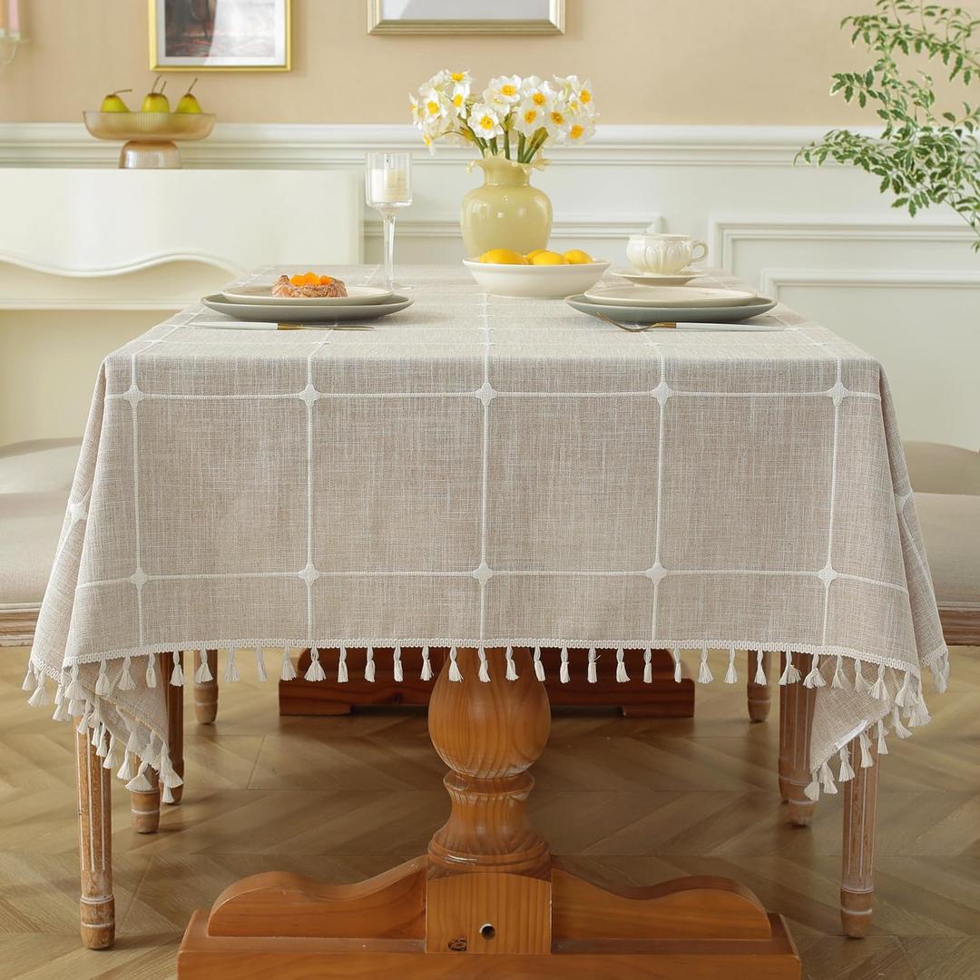 Laolitou Rustic Tablecloth Cotton Linen Waterproof Tablecloths Burlap Table Cloths for Kitchen Dining Cloth Table Cloth for Rectangle Tables Brown Plaids Rectangle, 55''x70'', 4-6 Seats