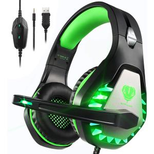 Pacrate Gaming Headset with Microphone for PC, PS4, PS5, Switch, Xbox Series X/S, Noise Cancelling Gaming Headphones with LED Lights for Kids Adults, Black Green
