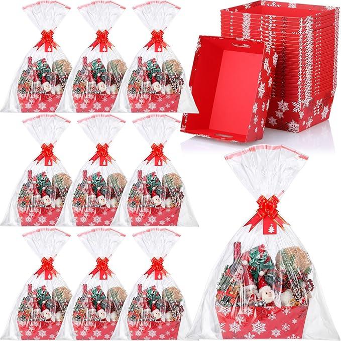 Cholemy Large Snowflake Gift Baskets Empty for Gifts to Fill 10 x 12 Inch Red Winter Cardboard Baskets with Transparent Bags Red Bows and Tags Sets for Winter Valentines Day Party Decorations(12 Set)