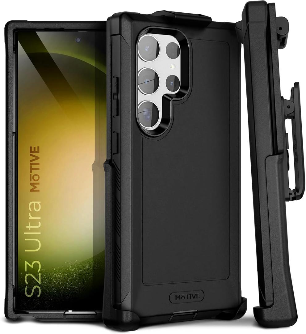 MOTIVE Designed for Samsung Galaxy S23 Ultra Case with Belt Clip, Military Grade Quad-Layer Rugged Phone Case - Black, Heavy Duty s23 Ultra Protective Case 6.8" | Black