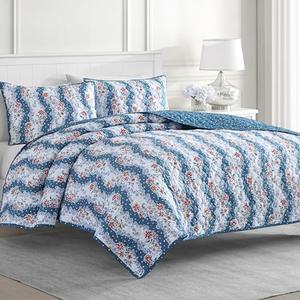MARTHA STEWART 100% Cotton 3 Piece Reversible Quilt Set, Washed, Percale, Blue/Red, 1 Quilt, 2 King Shams, Lightweight, Soft and Breathable, Room Decor, Floral Printed Bedspread, King Size