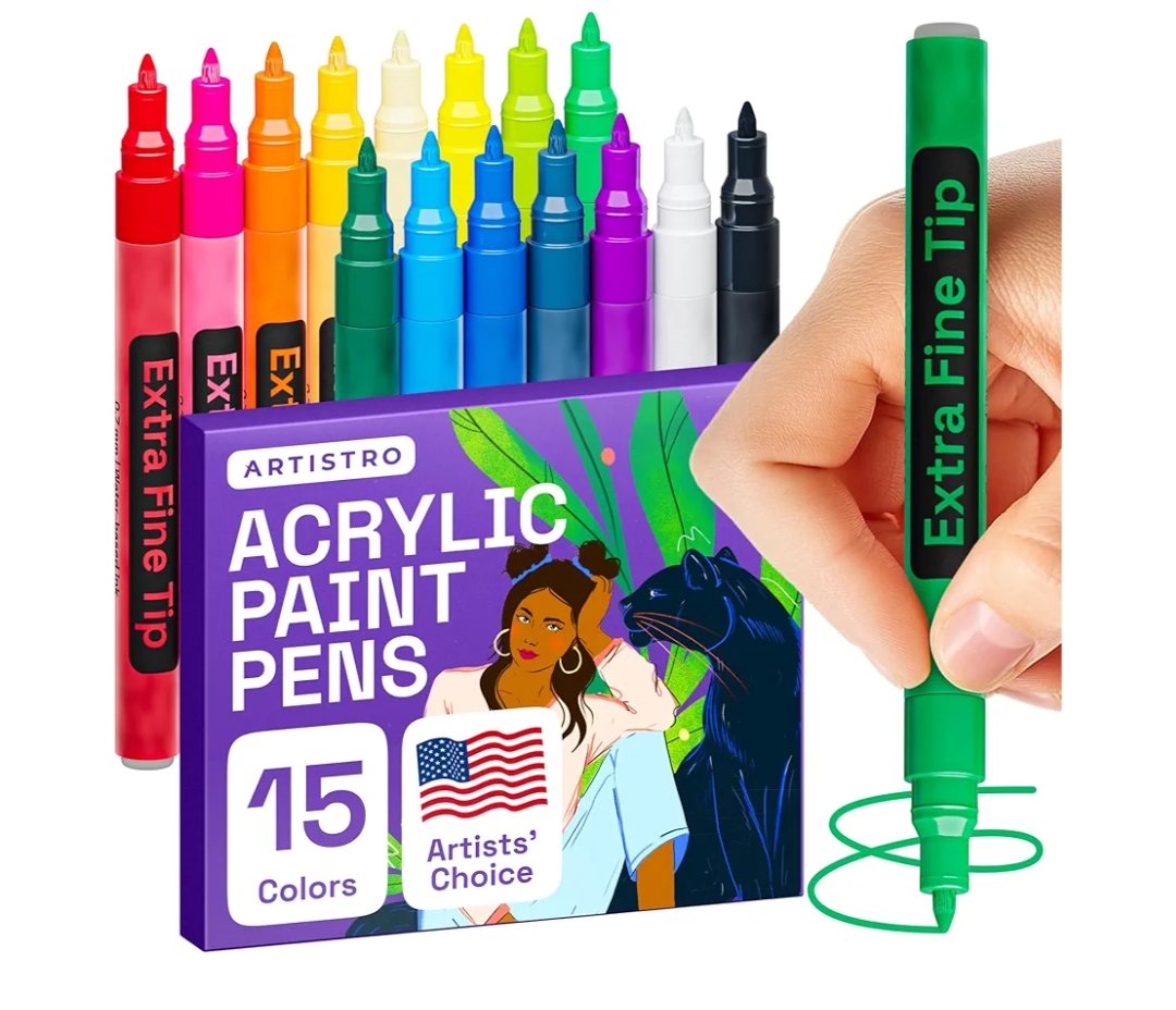 ARTISTRO 15 Acrylic Paint Pens, Art Set Acrylic Paint Markers, Fabric Markers for Textile, Canvas, Rock, Glass, Wood, Paper, Pumpkin, DIY for Kids and Adults