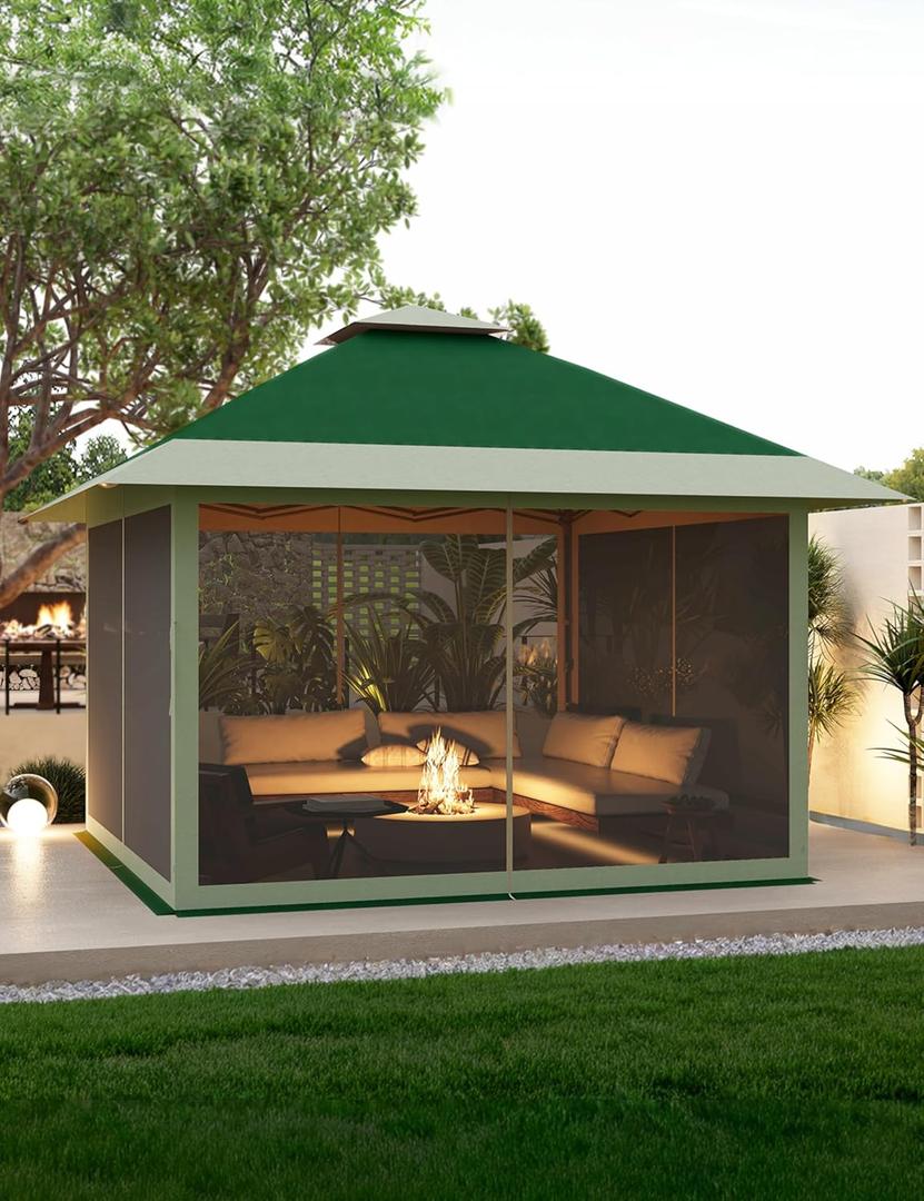 12x12 Pop Up Gazebo Instant Canopy Tent with Netting 4 Stanbags Outdoor Shelter for Lawn, Garden, Backyard, Deck (Olive Green + Taupe)