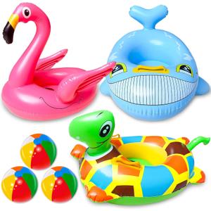 iGeeKid 3 Pack Inflatable Pool Floats with 3 Beach Ball Toys for Toddlers Kids Age 1-4, Animal Ride-On Swim Rings with Safety Seat & Handle, Summer Pool Party & Beach Vacation (Flamingo Turtle Sharks)