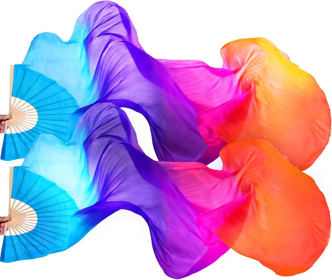 Jetec 1 Pair (left + Right) Women Belly Dance Fan Veil Colorful Long Folding Bamboo Fan Imitation Silk Streamers 180 x 90 cm (Blue, Purple, Orange)