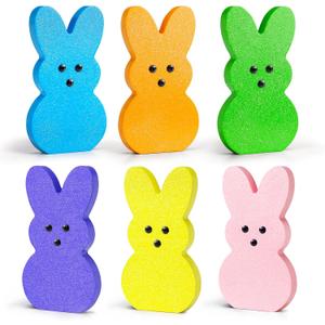 Easter Decorations for Home: 6 Pcs Glitter Easter Decor for Home, Bunny Peeps Decorations Wood Table Decorations, Tiered Tray Dcor, Spring Signs for Desk Shelf Mantel Office Indoor, Basket Gifts