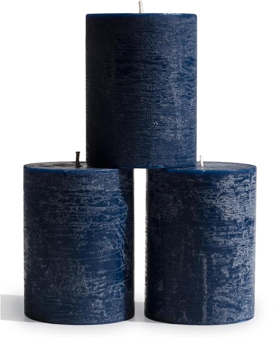 CANDWAX 3x4 inch Pillar Candles Set of 3  Unscented Dripless Rustic Dark Blue Candles for Room Decor, Weddings, Centerpieces