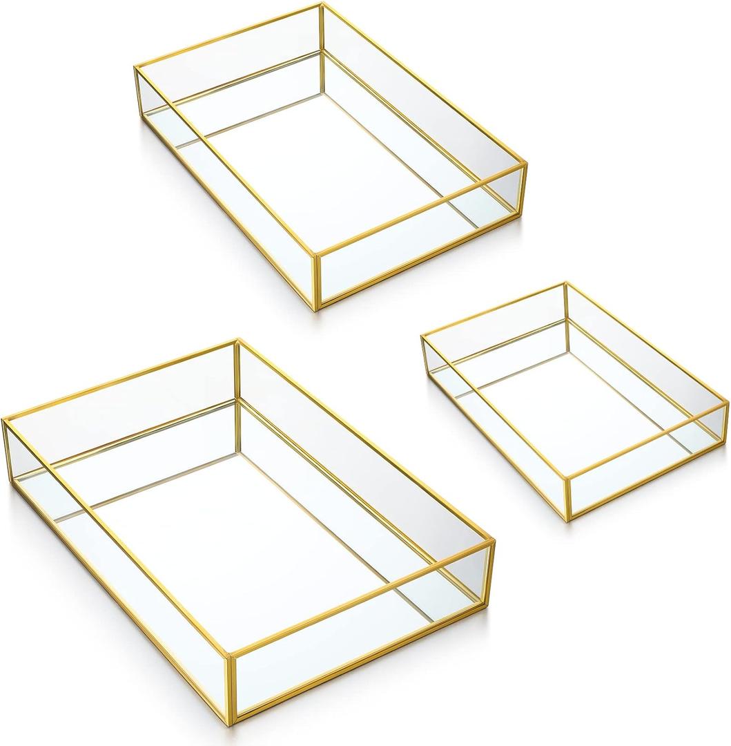 Jetec 3 Pieces Mirror Glass Vanity Tray Gold Ornate Makeup Tray Metal Vintage Octagonal Perfume Dresser Trays for Dresser Bedroom Bathroom Hotel, 3 Sizes