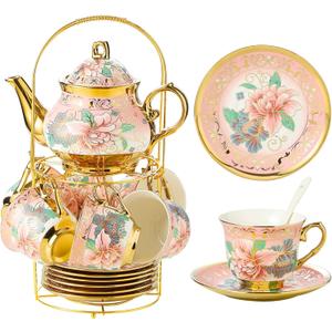 20 Pieces Porcelain Tea Set With Metal Holder, European Ceramic tea set for adults, Flower Tea Set, Tea Set For Women With Flower Painting (Large version, Pink)