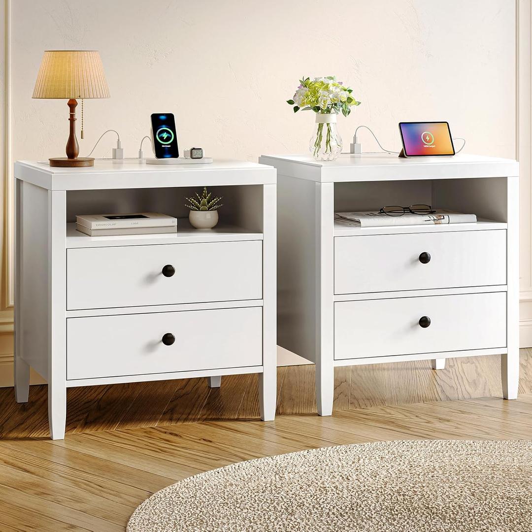 Huuger White Nightstand Set of 2, Night Stand with Charger Station, Bedside Table with 2 Drawers, Bed Side Tables for Bedroom, Modern Nightstands, Metal Knobs, Painted Surface, 19.7 inches x 15.7 inches x 23.6 inches