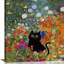 Funny Black Cat Pictures Wall Art, Flower Filed Bathroom Wall Decor, Floral Framed Painting Canvas Artwork for Bathroom Bedroom Living Room Decorations 16" L x 12" W