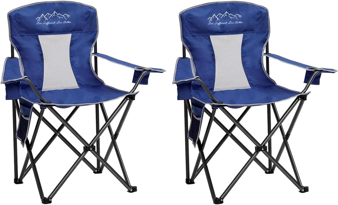 Outdoor Folding Camping Chair with Cup Holder, Storage Bag, Large Anti-Sink Feet, 400lbs Capacity, 2 Pack Breathable Mesh Portable Chair for Camping, Beach, Fishing, Sports, Blue