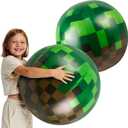 2 Pack 20-Inch Diameter Pixel Themed Beach Balls - Large Green and Brown Pixel Inflatable Beach Balls for Birthday Party Decorations, Summer Pool and Beach Game, and Bulk Party Favors