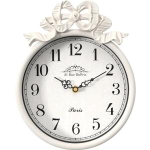 French Small Wall Clock with Bow, Vintage Ivory White Boho Style, Silent Battery Operated Decorative Wall Clocks for Farmhouse,Bedroom,Bathroom,Gifts New Home(10" H x 7.9" W)