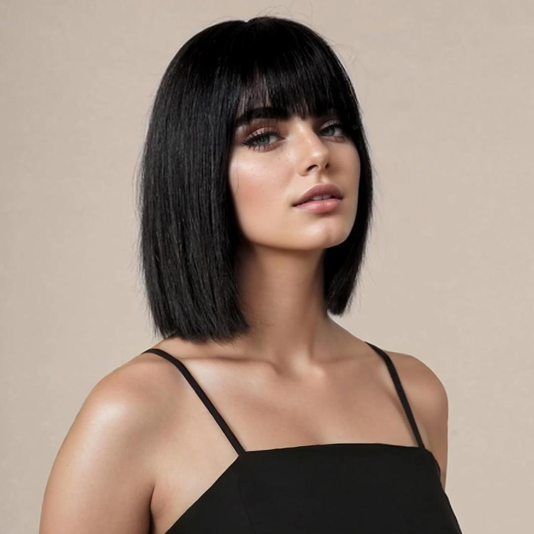 SUKRI Short Black Straight Wig with Bangs Black Wigs for Women Bob Shoulder Length Wigs Heat Resistant Fiber Synthetic Hair Wigs Hair Replacement Natural Looking(12INCH)