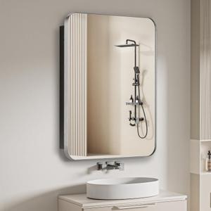 16" x 26" Bathroom Medicine Cabinet with Mirror Door, Brushed Nickel Stainless Steel Frame, Recessed or Surface Mounted,Storage Cabinet with Adjustable Metal Shelves,Upgraded Version