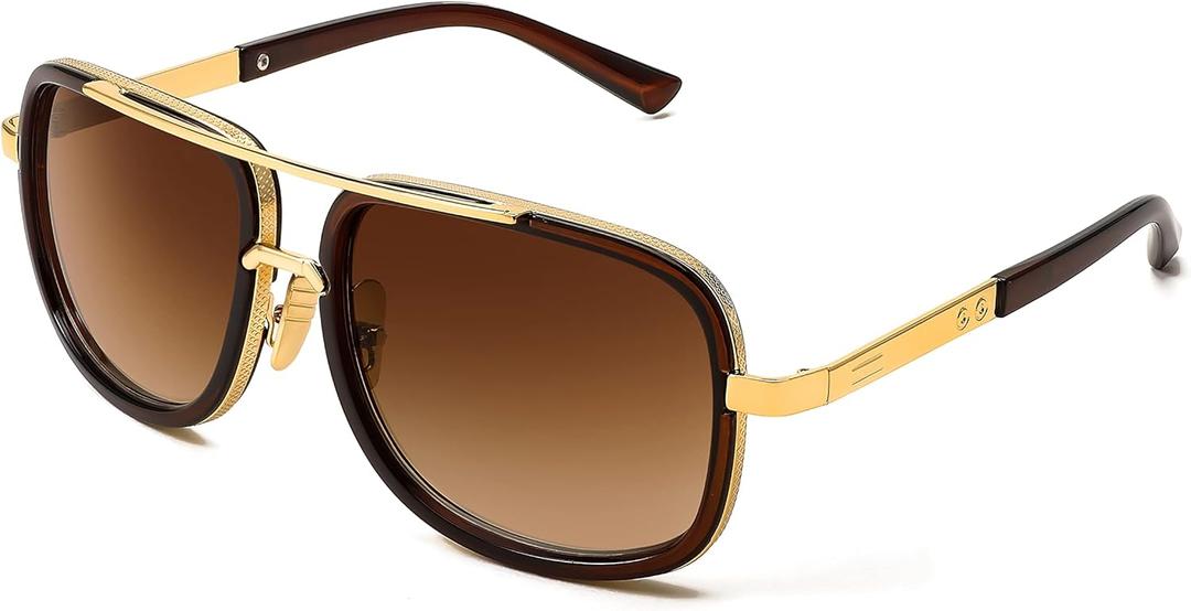 FEISEDY Retro Trendy Aviator Sunglasses Women Men Classic Vintage Square Sunglasses 70s Large Metal Shades B2321 (004 Gold Frame/Gradient Brown Lens)