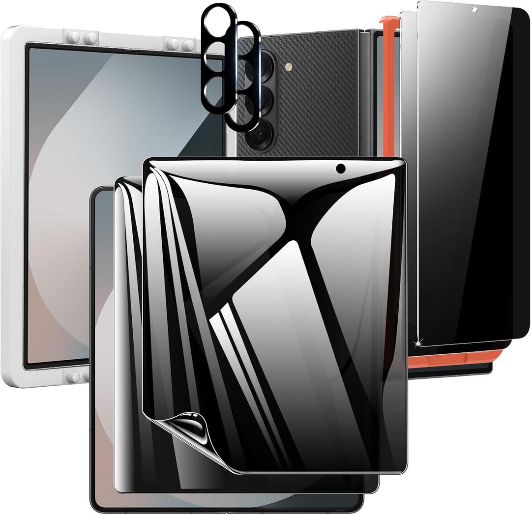 Fotbor for Samsung Galaxy Z Fold 6 Privacy Screen Protector, 2 Pcs Anti-Spy Soft Inner Film + 2Pcs Tempered Glass Front Screen Protector + 2Pcs Camera Lens Protector + Auto Align Frame Accessories (Black)