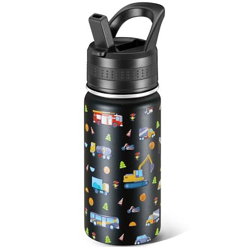 14 Oz Kids Water Bottle, Stainless Steel Water Bottle with Straws, Leak-Proof, BPA-Free, Insulated Water Bottles for School Boys & Girls|Black Car